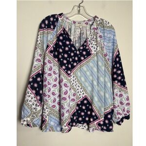 LOFT Womens Linen Blend Patchwork Tunic Top Large Paisley Floral Peasant Cottage